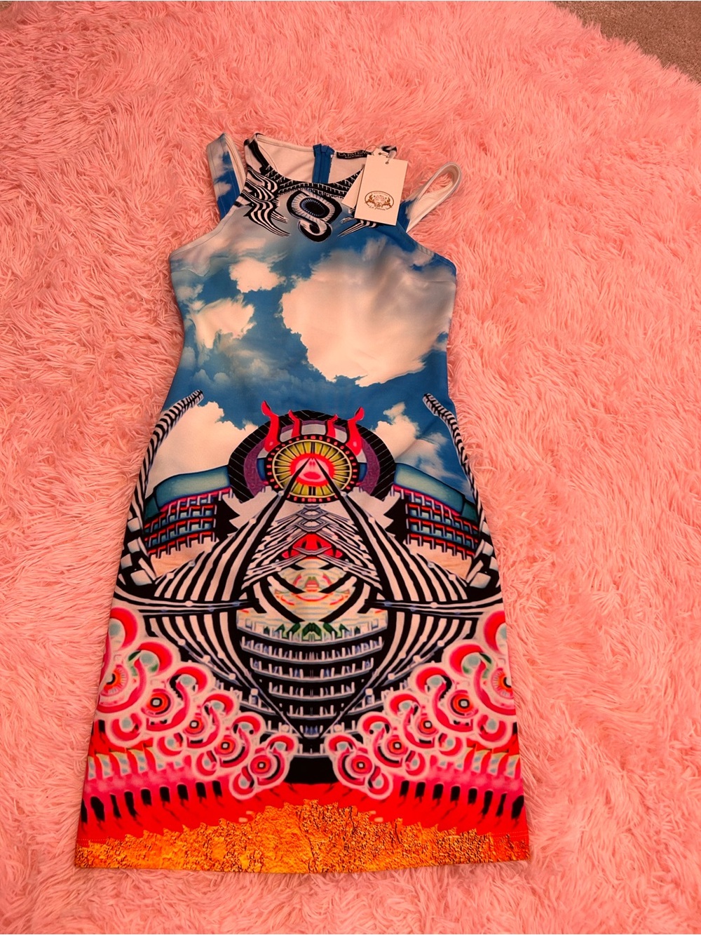Sky-Print Graphic Mini Dress in Blue & Red
